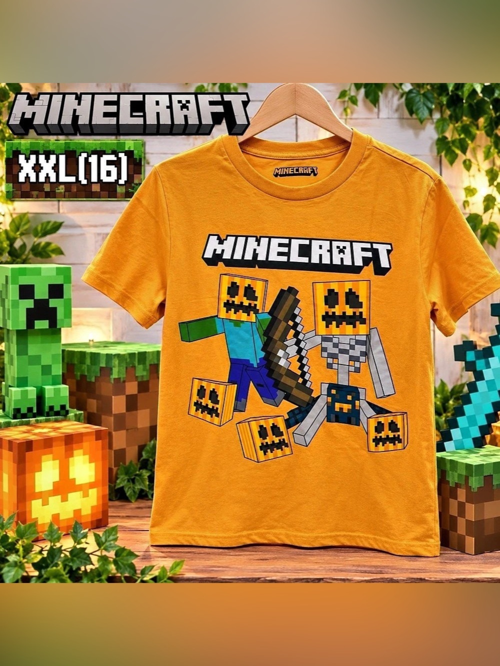 Minecraft Creeper & Skeleton Graphic Tee Orange Boys XXL (16)